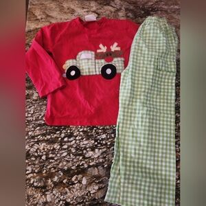 Kids Holiday Red Truck Set with Green Gingham Pants